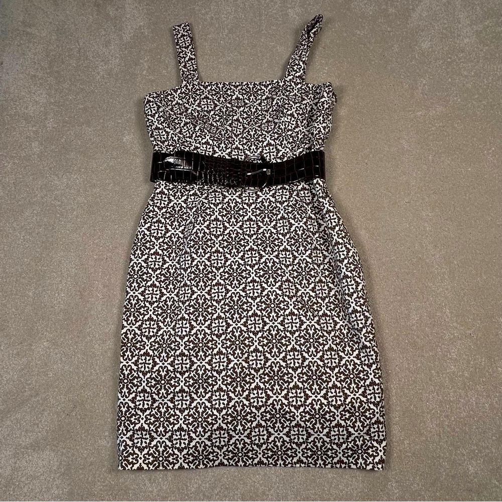 Rafaella Dress Brown/Cream Patterned Belted Sleeveless Women's Petite 8